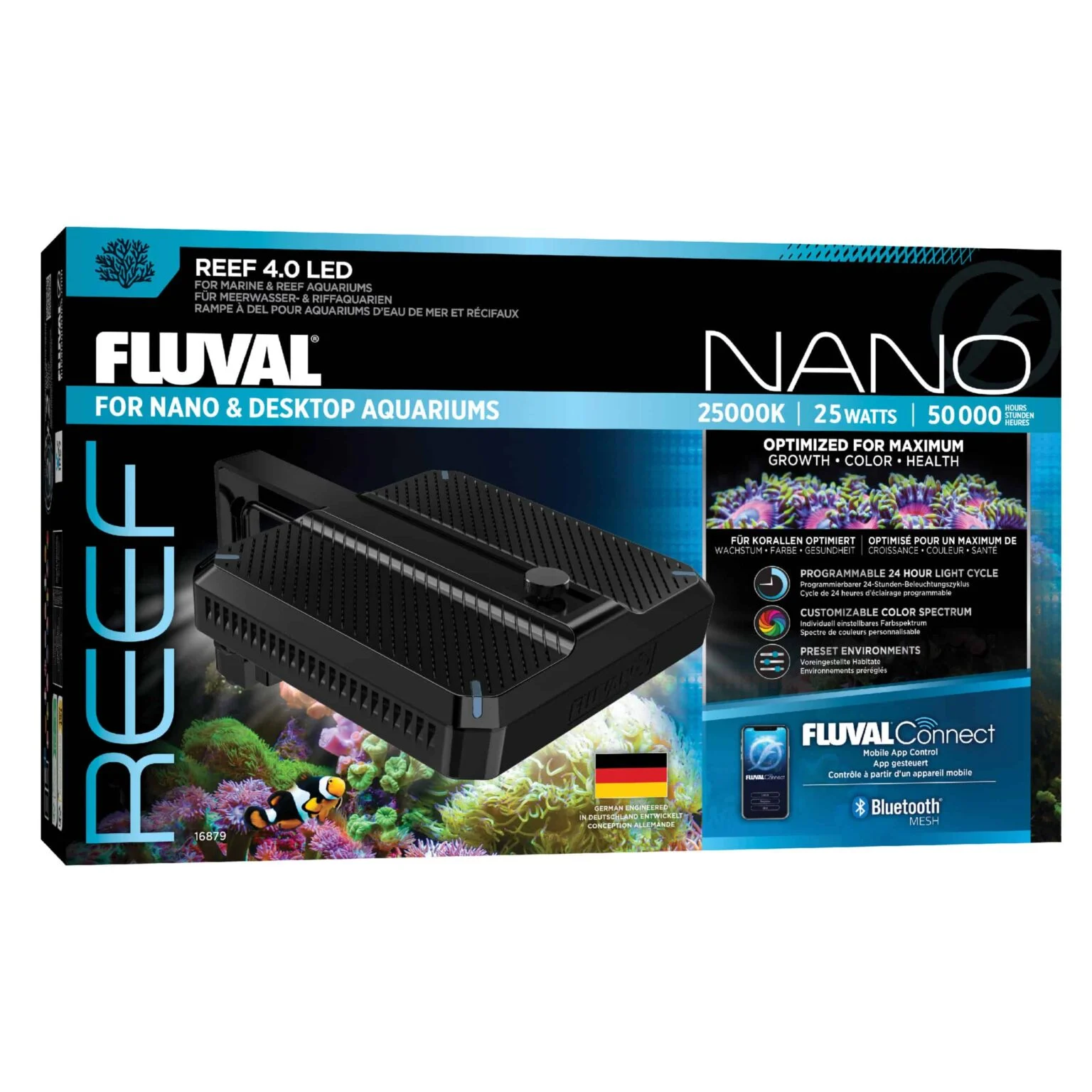 Boxed Fluval Reef 4.0 LED for nano and desktop aquariums, 25,000K, 25W, 50,000 hours, with Bluetooth/Master app features