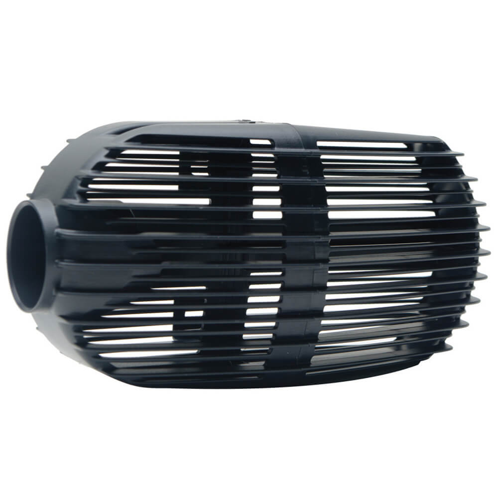 Black plastic cylindrical vented housing with horizontal slats and a round left connector, likely an intake grille for a pump or filter.