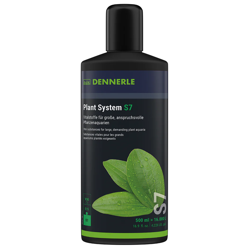 Dennerle Plant System S7 aquarium plant fertilizer bottle; label shows green leaves and product name, for large plant aquariums.