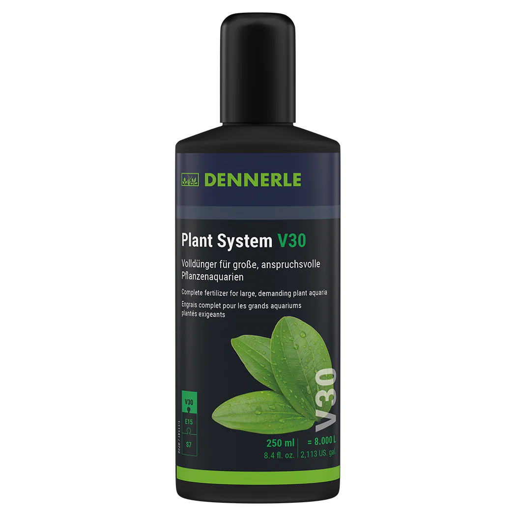DENNERLE Plant System V30 fertilizer bottle for large aquatic plant aquariums, 250 ml, with green label text