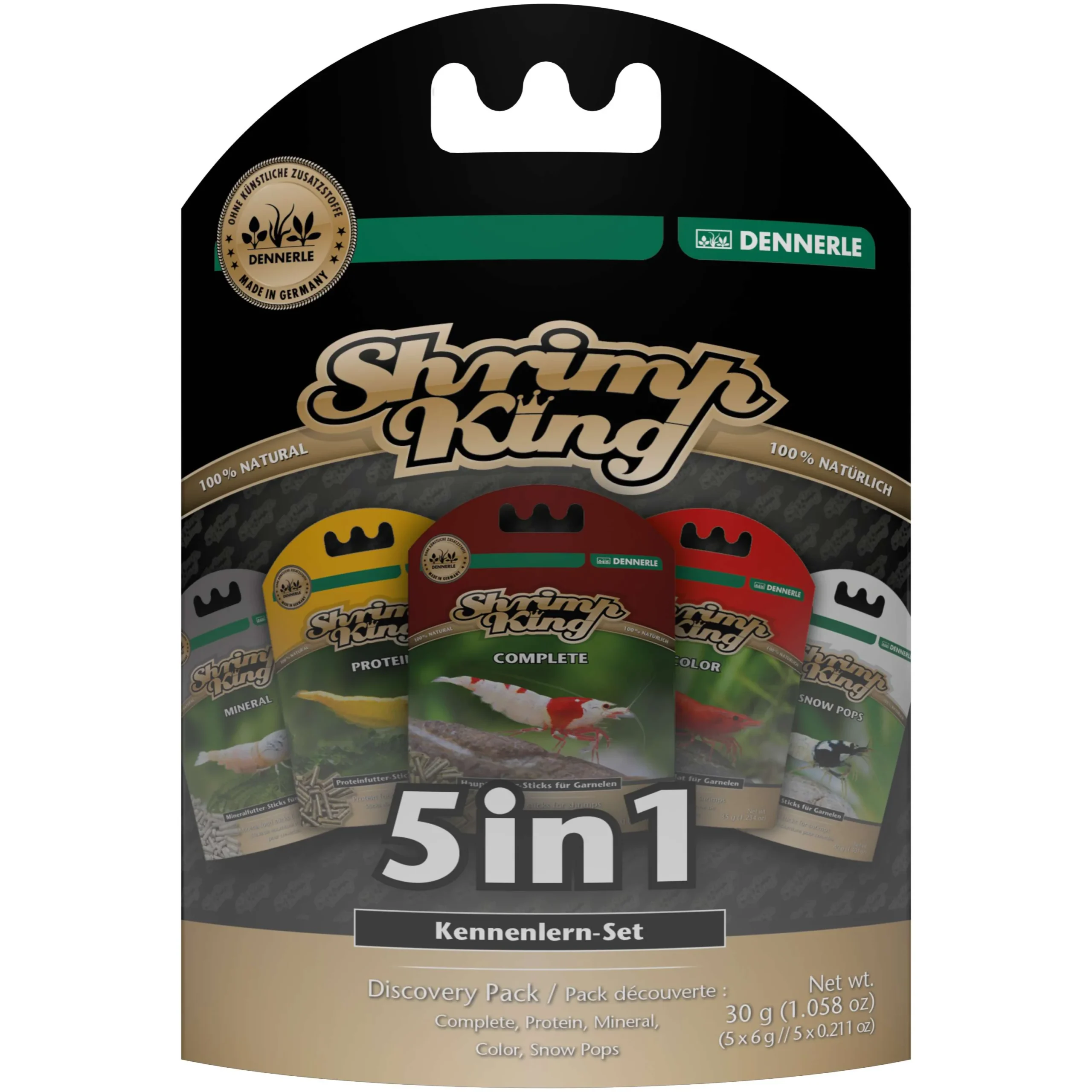 Dennerle Shrimp King Discovery Pack: a 5-in-1 shrimp food set with colorful sachets on black packaging (front view).